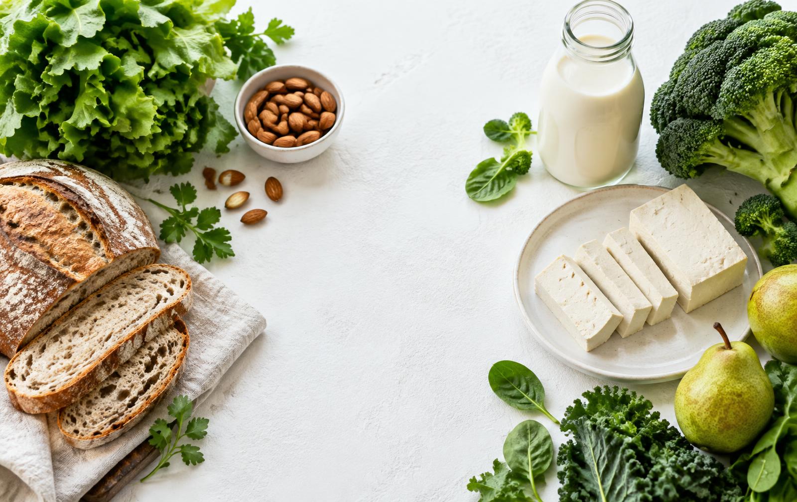 Tofu, leche vegetal, pan y productos frescos sobre una mesa blanca